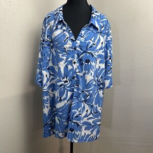 Catherines Blouse Women's‎ 3XP Blue & White Floral 3/4 Button V Neck Flowy